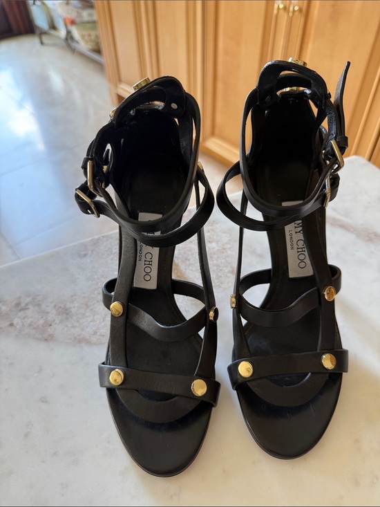 Jimmy Choo Shoes - Jimmy Choo Black Leather Strappy Sandals with Gold Studs
